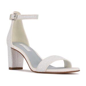 NINE West "Pruce" Silver Glitter Block Heel Ankle Strap Womens New Sandal